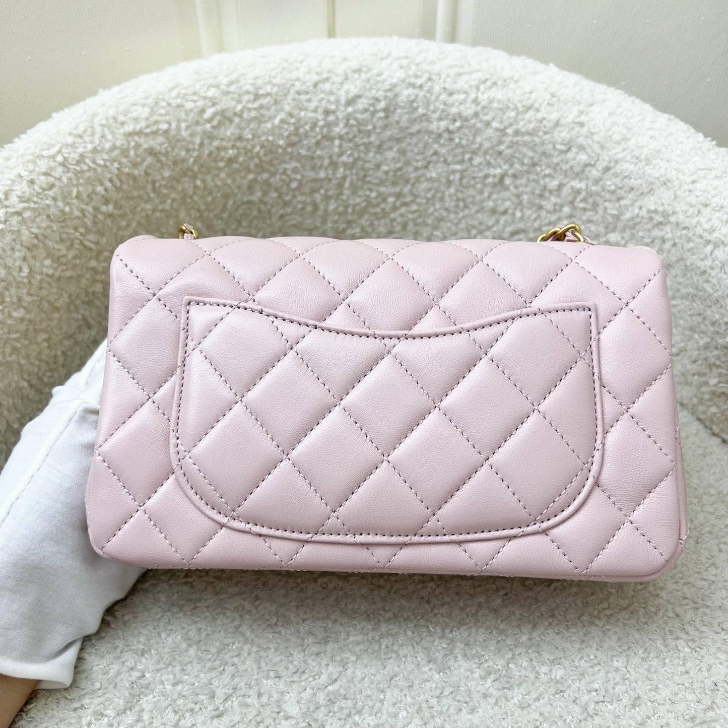 Chanel Pearl Crush Mini Rectangle Flap in 24K Sakura Pink Stiff Lambskin and AGHW (Model: AS1787)