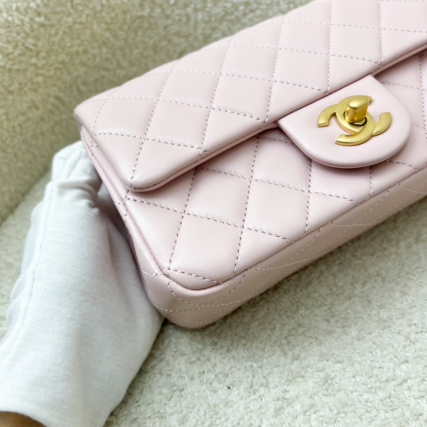 Chanel Pearl Crush Mini Rectangle Flap in 24K Sakura Pink Stiff Lambskin and AGHW (Model: AS1787)
