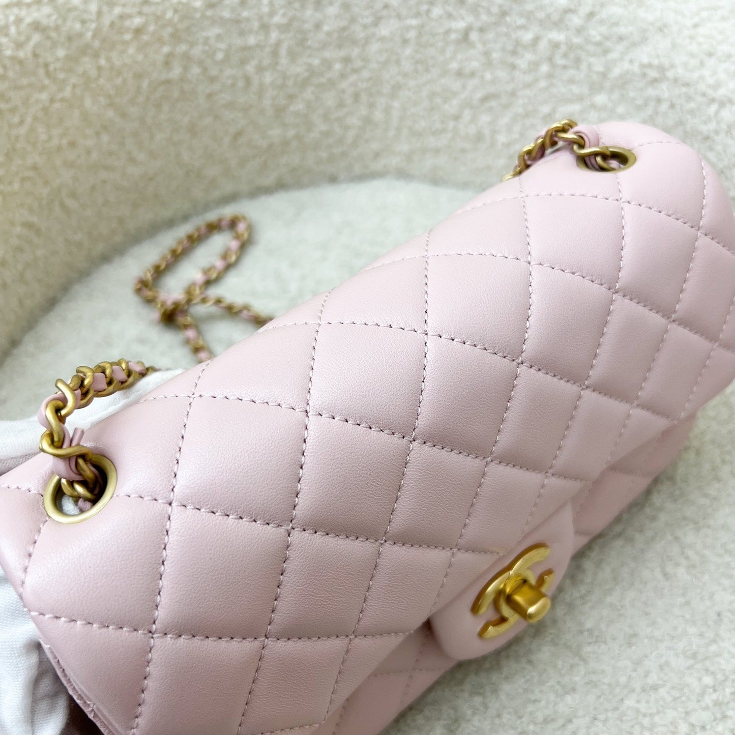 Chanel Pearl Crush Mini Rectangle Flap in 24K Sakura Pink Stiff Lambskin and AGHW (Model: AS1787)