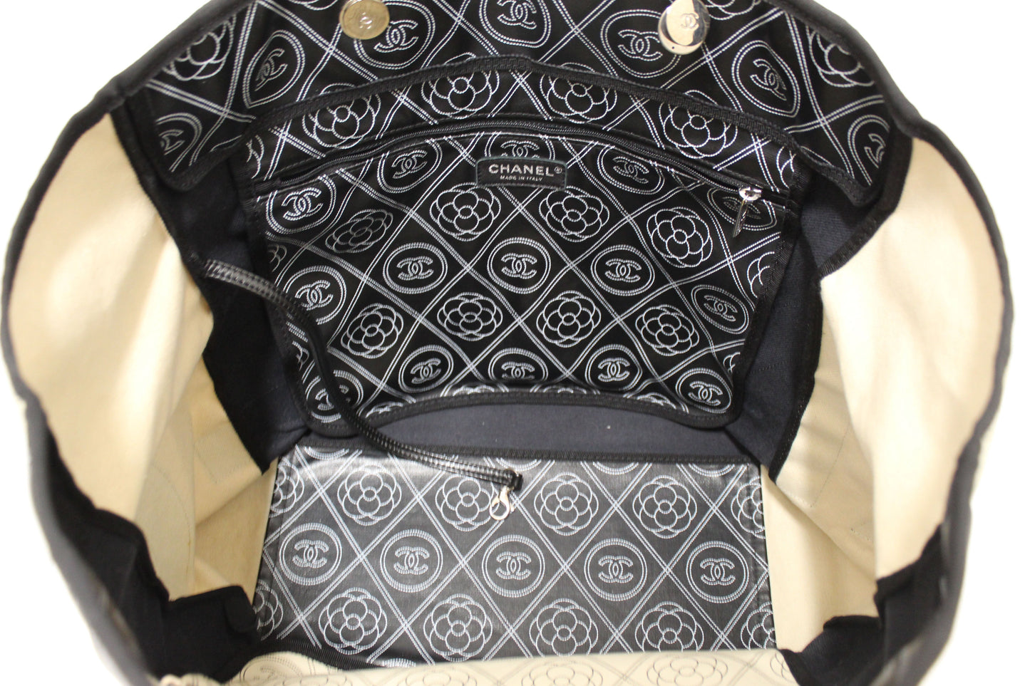 Chanel Black and Beige Coated Canvas Camellia Flower Tote Bag
