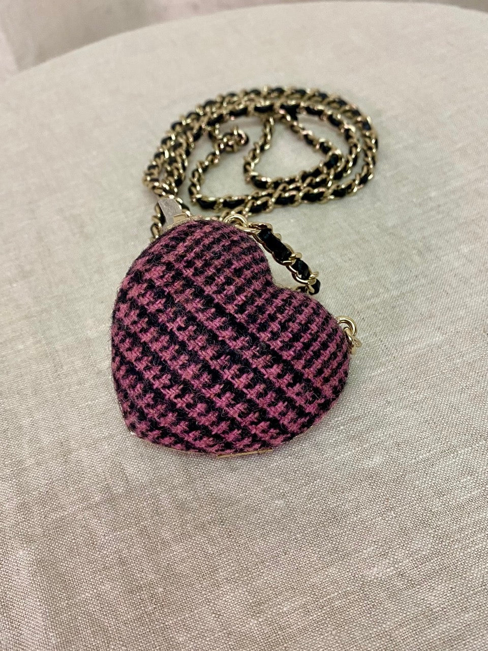 Chanel Preloved Tweed Heart Shaped Locket Minaudière Necklace