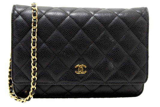 Chanel Black Quilted Caviar Leather Wallet On Chain WOC Messenger Bag
