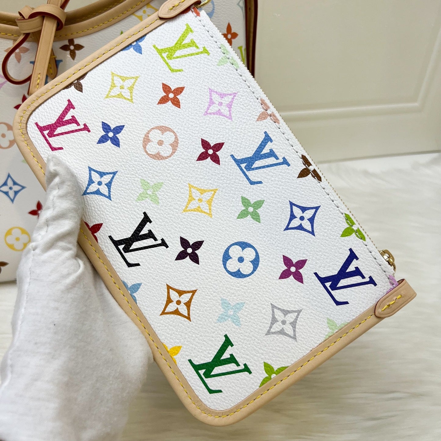 LV Louis Vuitton x Takashi Murakami Carryall PM in Multicolore Blanc Monogram Canvas and GHW