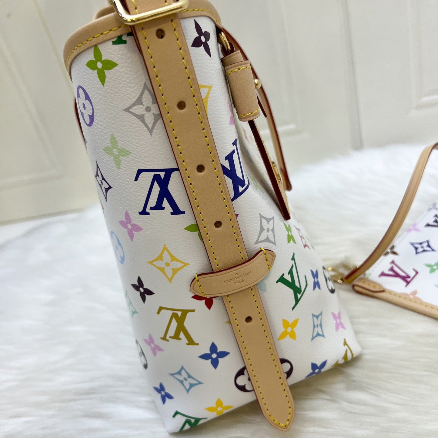 LV Louis Vuitton x Takashi Murakami Carryall PM in Multicolore Blanc Monogram Canvas and GHW
