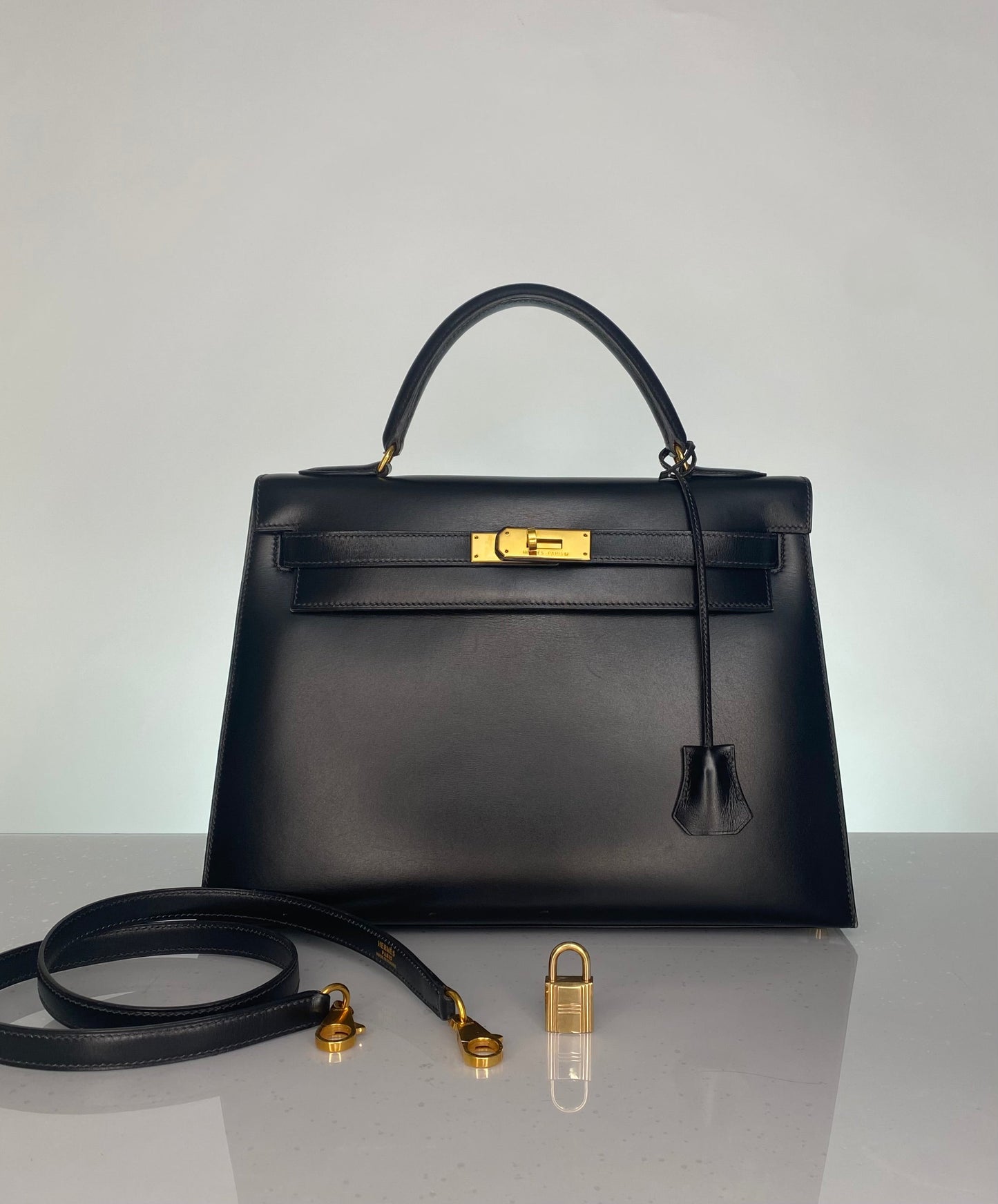 Hermes Vintage Kelly 32 Black Boxcalf Leather