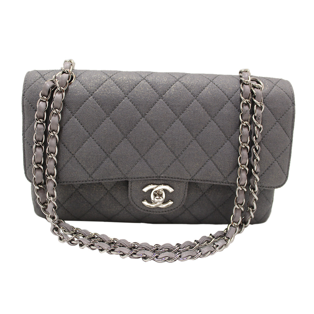 Chanel Grey Glitter Canvas Medium Classic Flap Shoulder Chain B | Havik Shop.com - Shop Now at Havik Shop.com