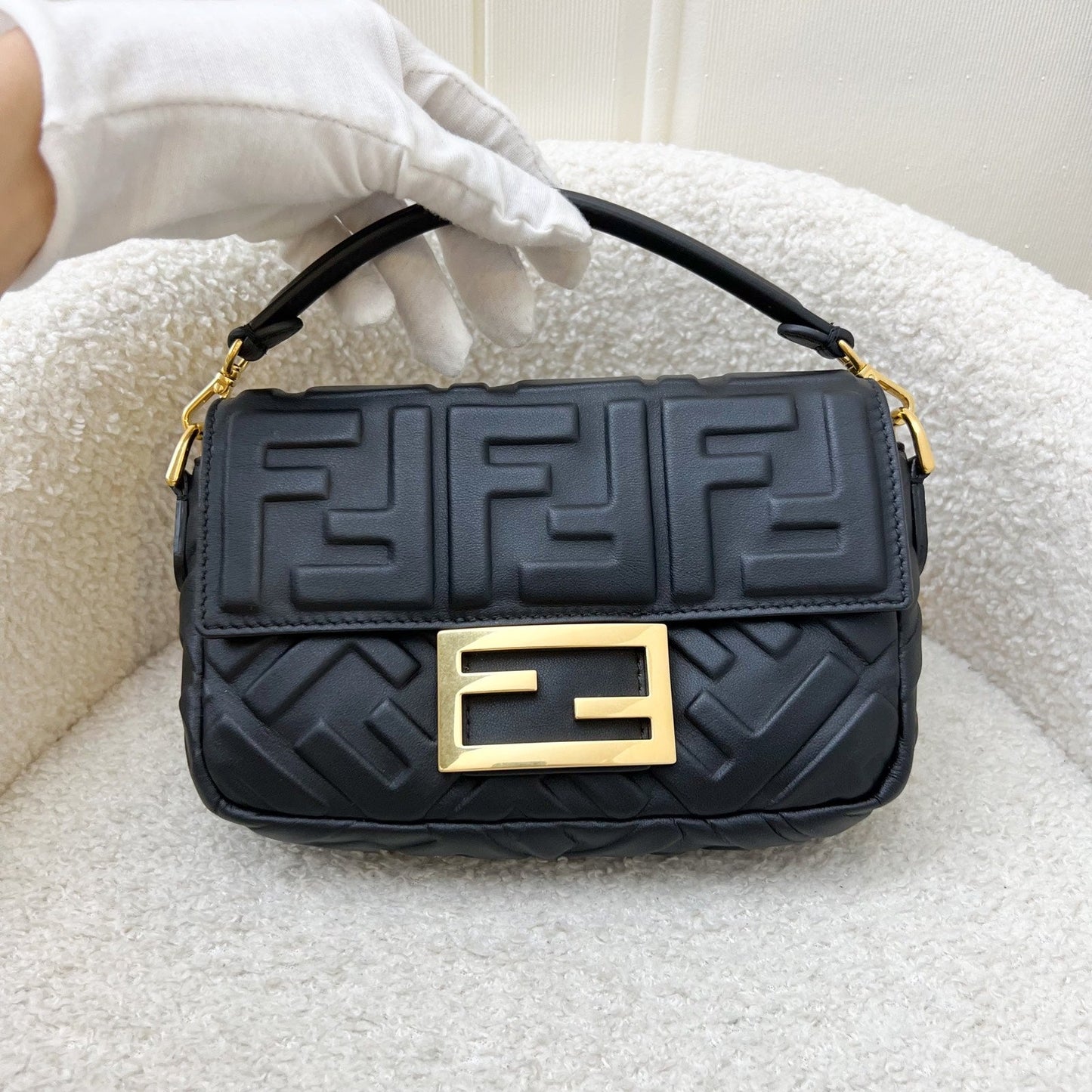 Fendi Mini Baguette Flap Bag in FF Motif Embossed Nappa Leather and GHW