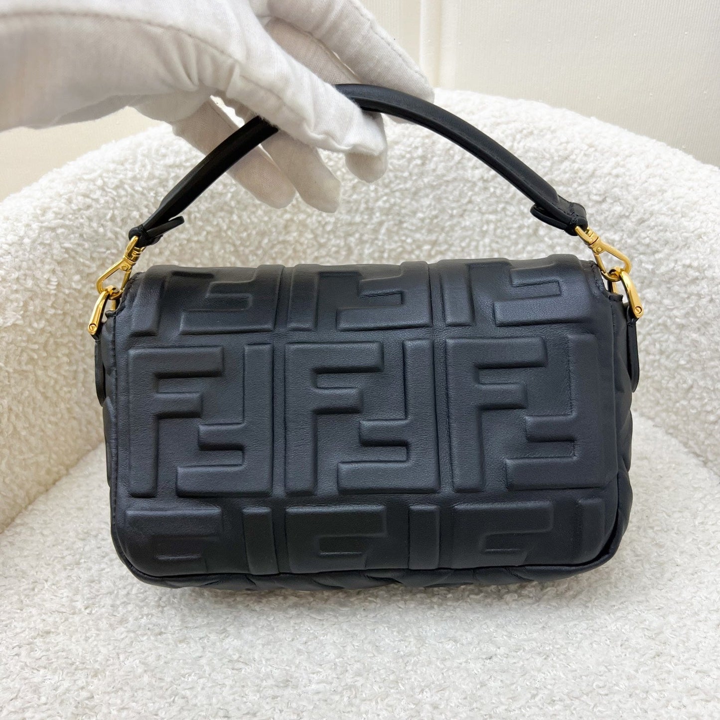 Fendi Mini Baguette Flap Bag in FF Motif Embossed Nappa Leather and GHW