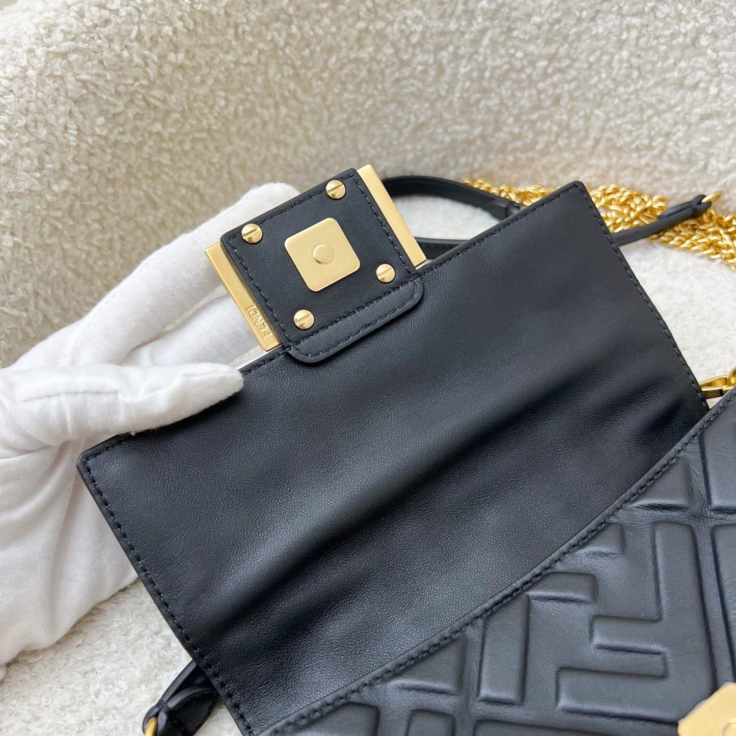 Fendi Mini Baguette Flap Bag in FF Motif Embossed Nappa Leather and GHW