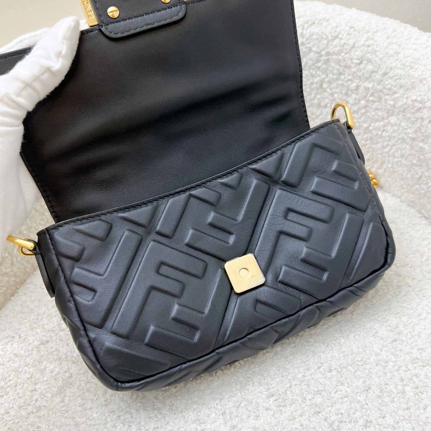 Fendi Mini Baguette Flap Bag in FF Motif Embossed Nappa Leather and GHW