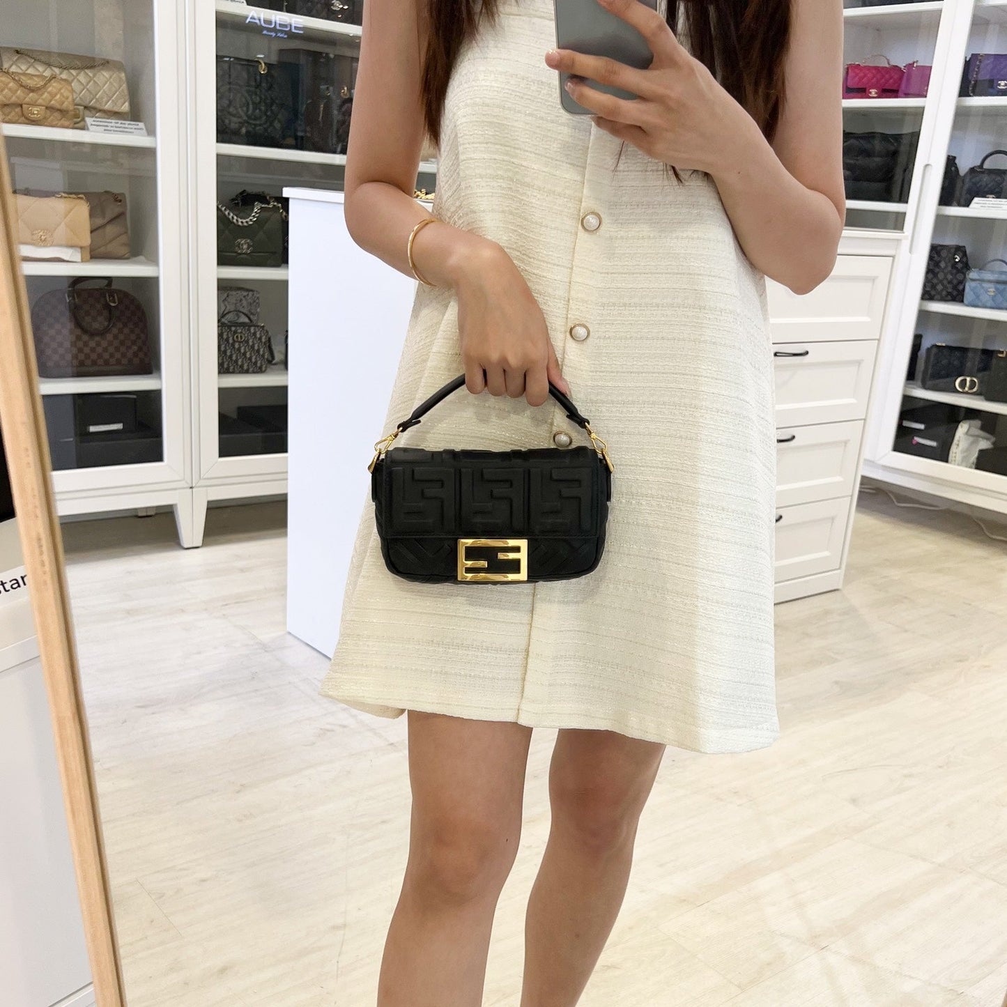 Fendi Mini Baguette Flap Bag in FF Motif Embossed Nappa Leather and GHW