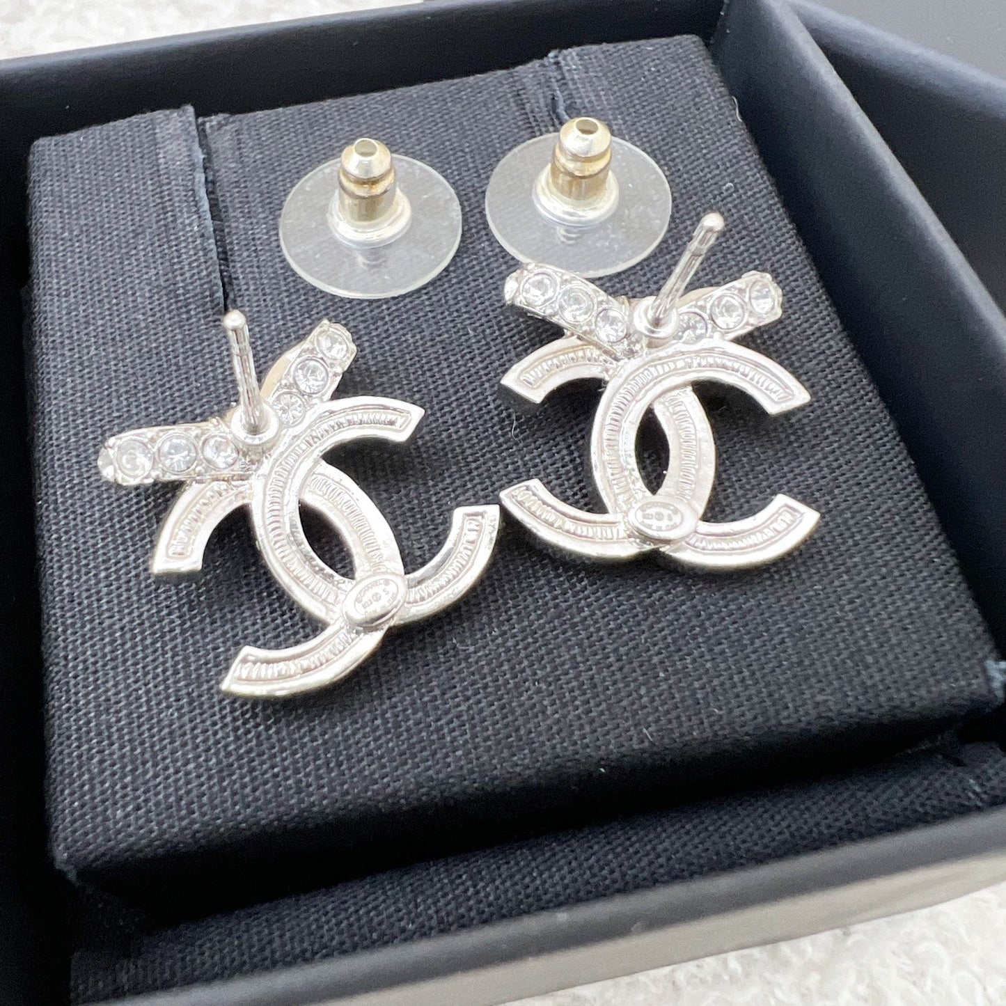 Chanel 23S Ribbon Earrings with Crystals in SHW