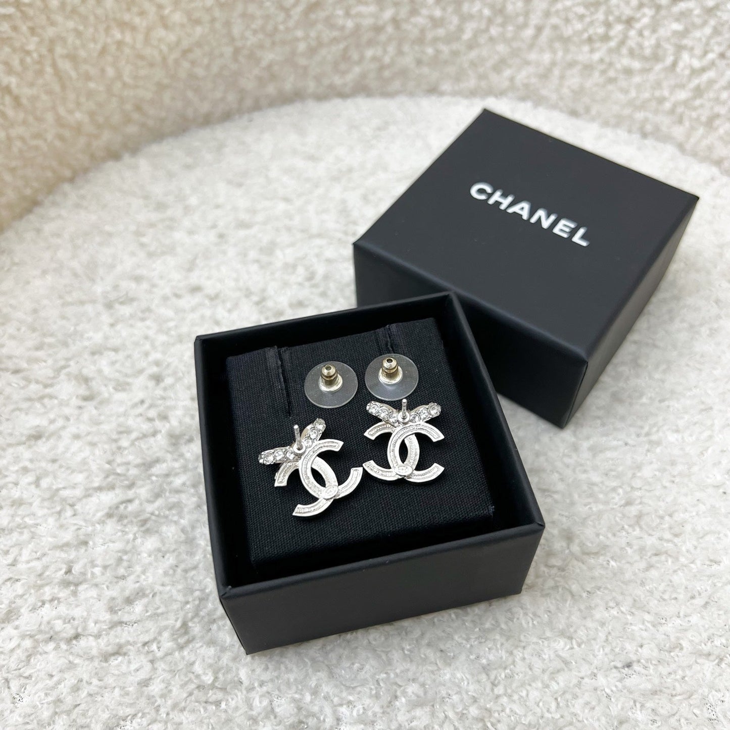 Chanel 23S Ribbon Earrings with Crystals in SHW
