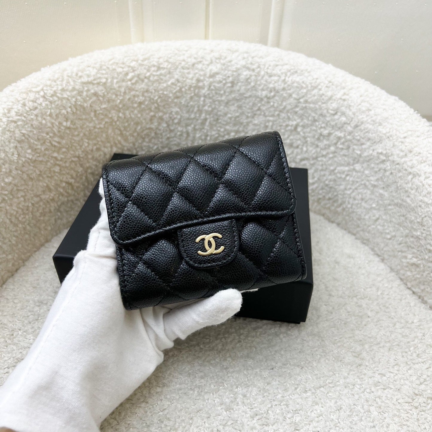 Chanel Compact Small Trifold Wallet in Black Caviar and LGHW