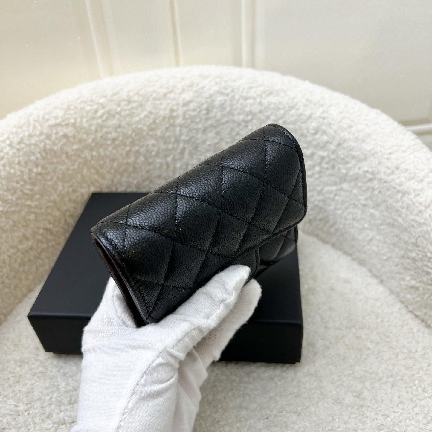 Chanel Compact Small Trifold Wallet in Black Caviar and LGHW