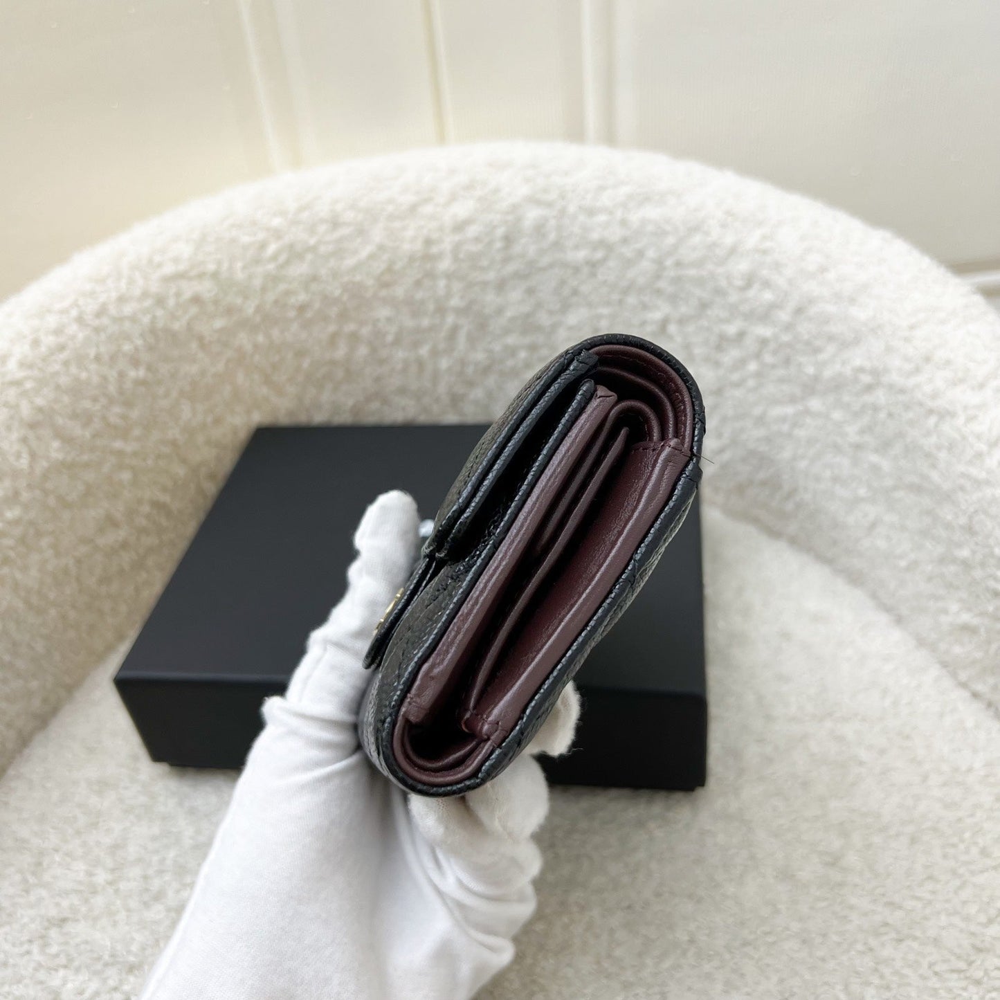 Chanel Compact Small Trifold Wallet in Black Caviar and LGHW