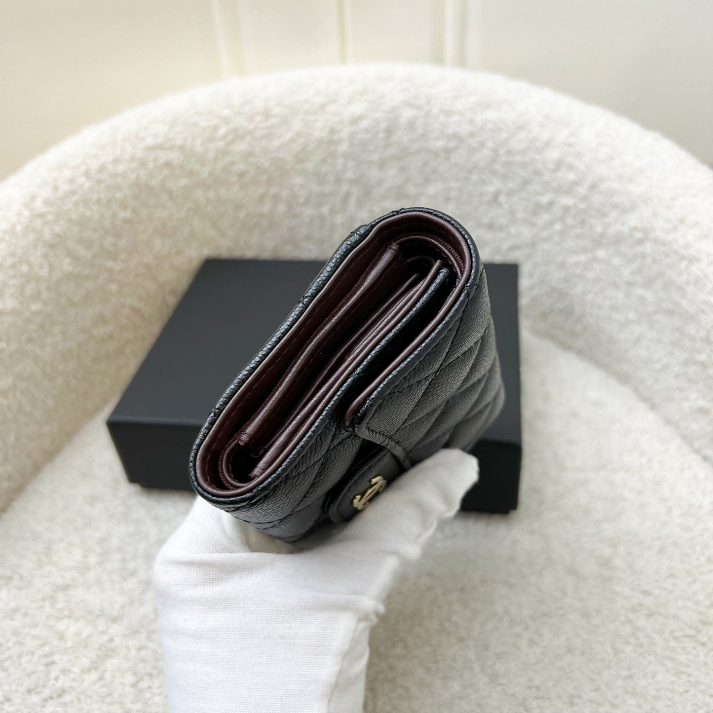 Chanel Compact Small Trifold Wallet in Black Caviar and LGHW