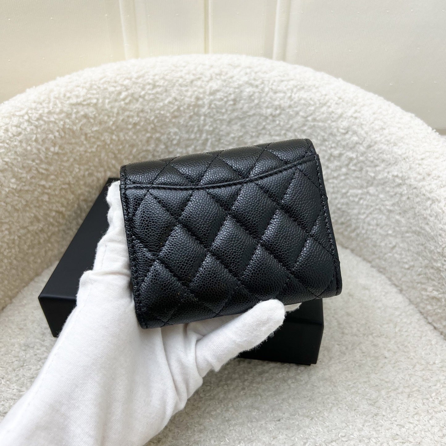 Chanel Compact Small Trifold Wallet in Black Caviar and LGHW