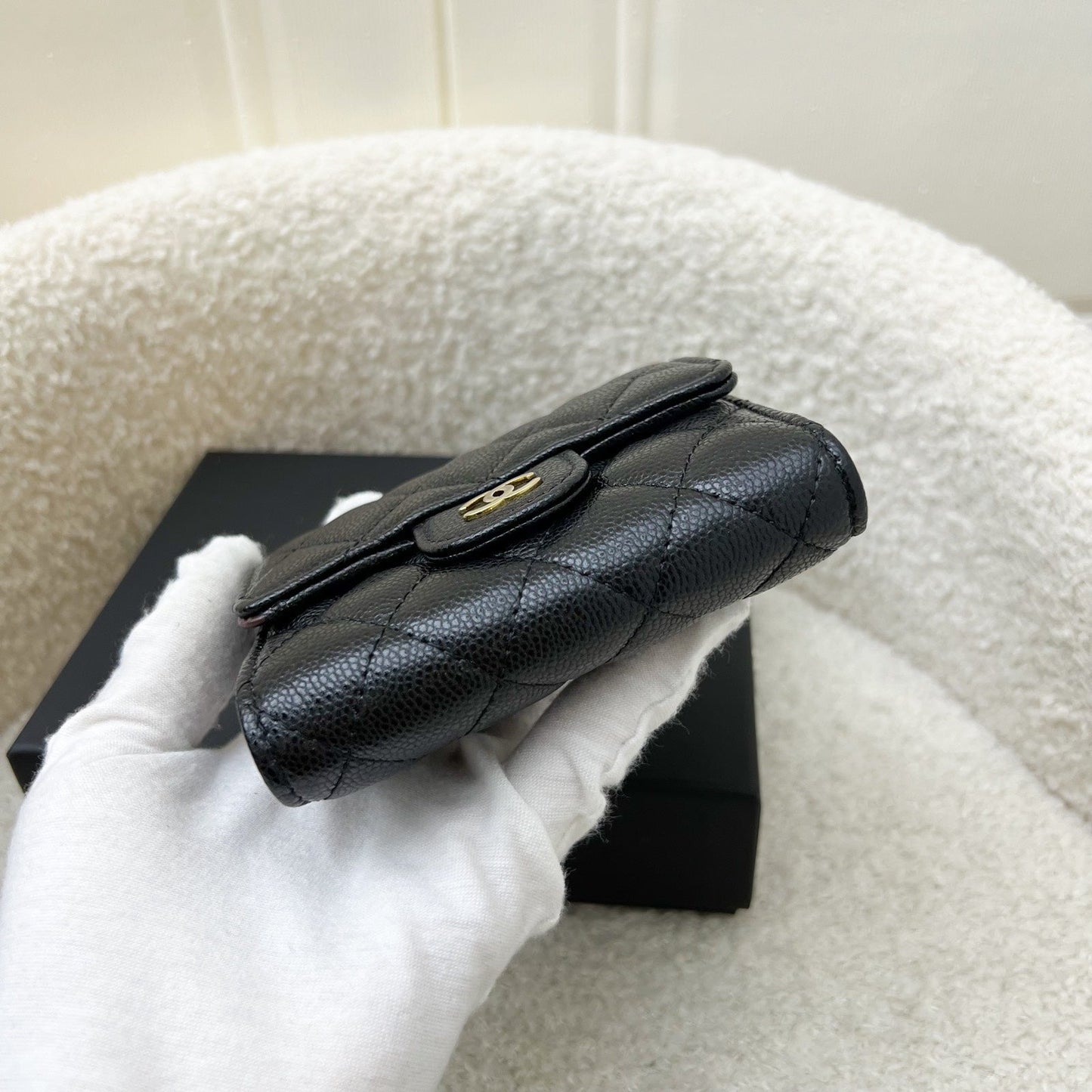 Chanel Compact Small Trifold Wallet in Black Caviar and LGHW