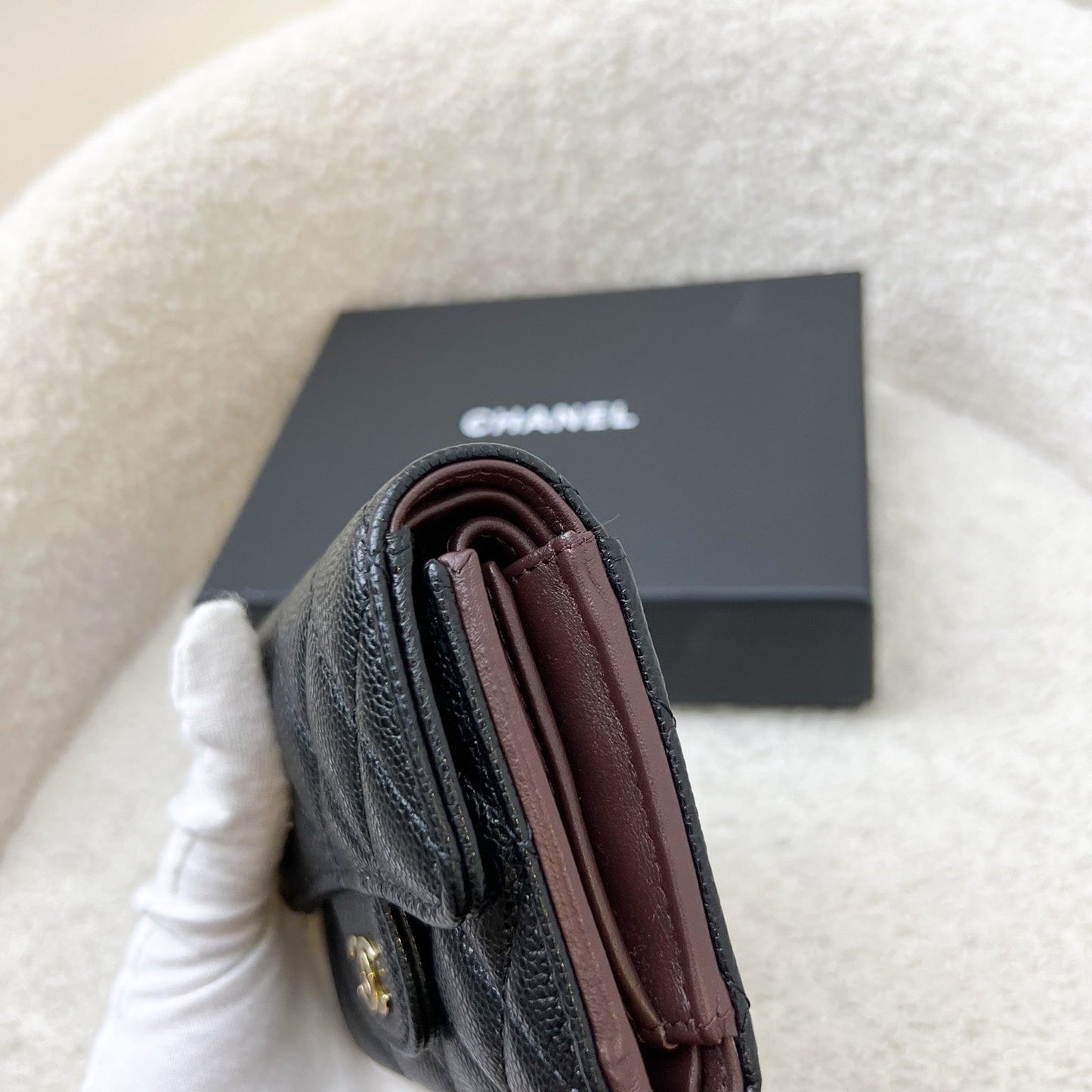 Chanel Compact Small Trifold Wallet in Black Caviar and LGHW