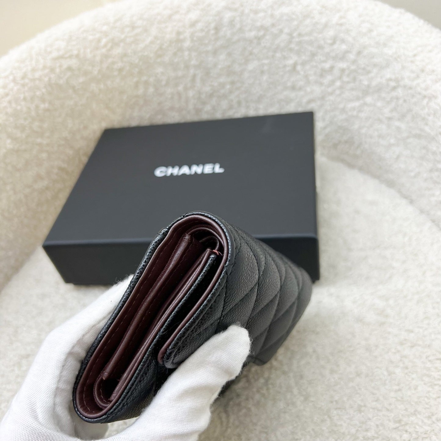 Chanel Compact Small Trifold Wallet in Black Caviar and LGHW