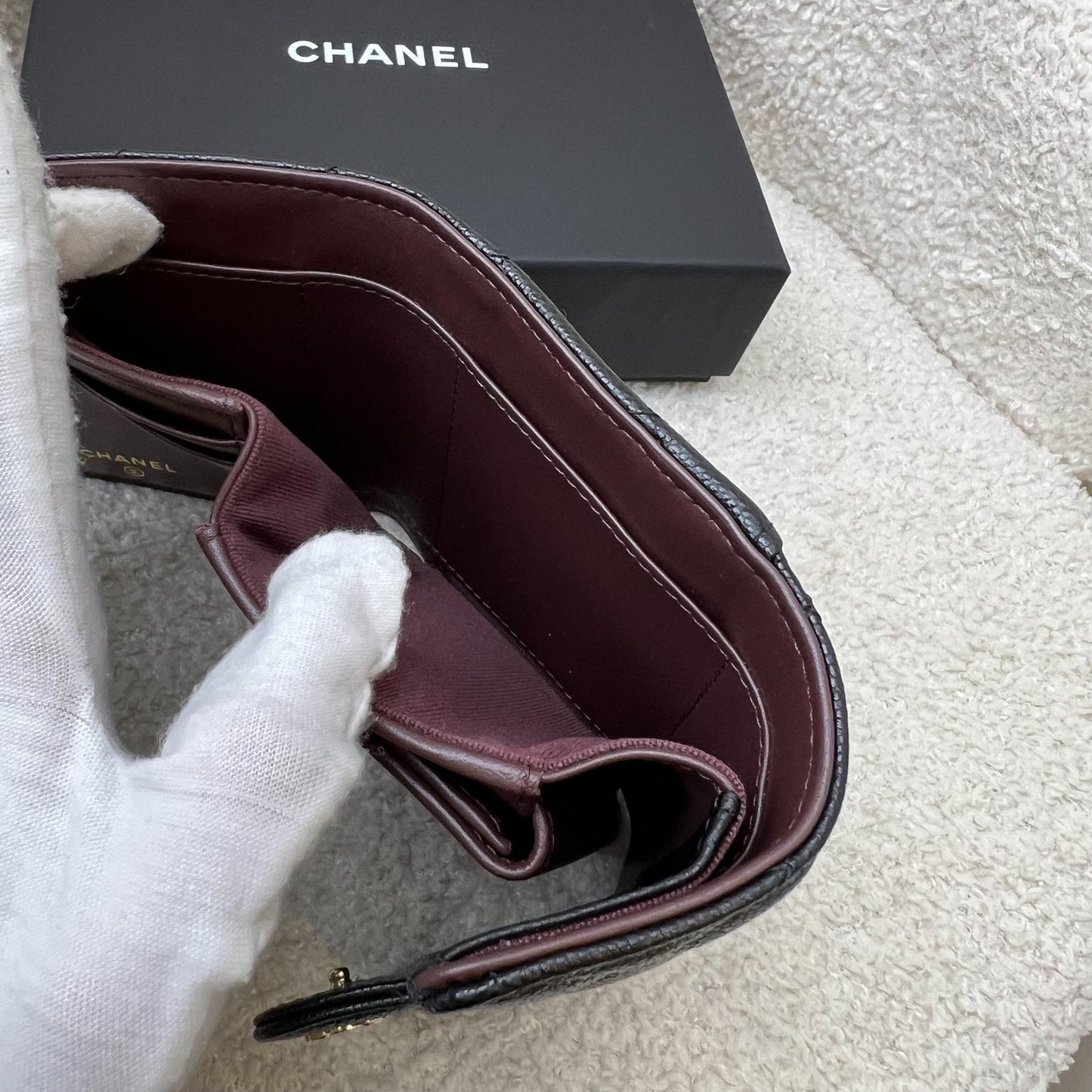 Chanel Compact Small Trifold Wallet in Black Caviar and LGHW