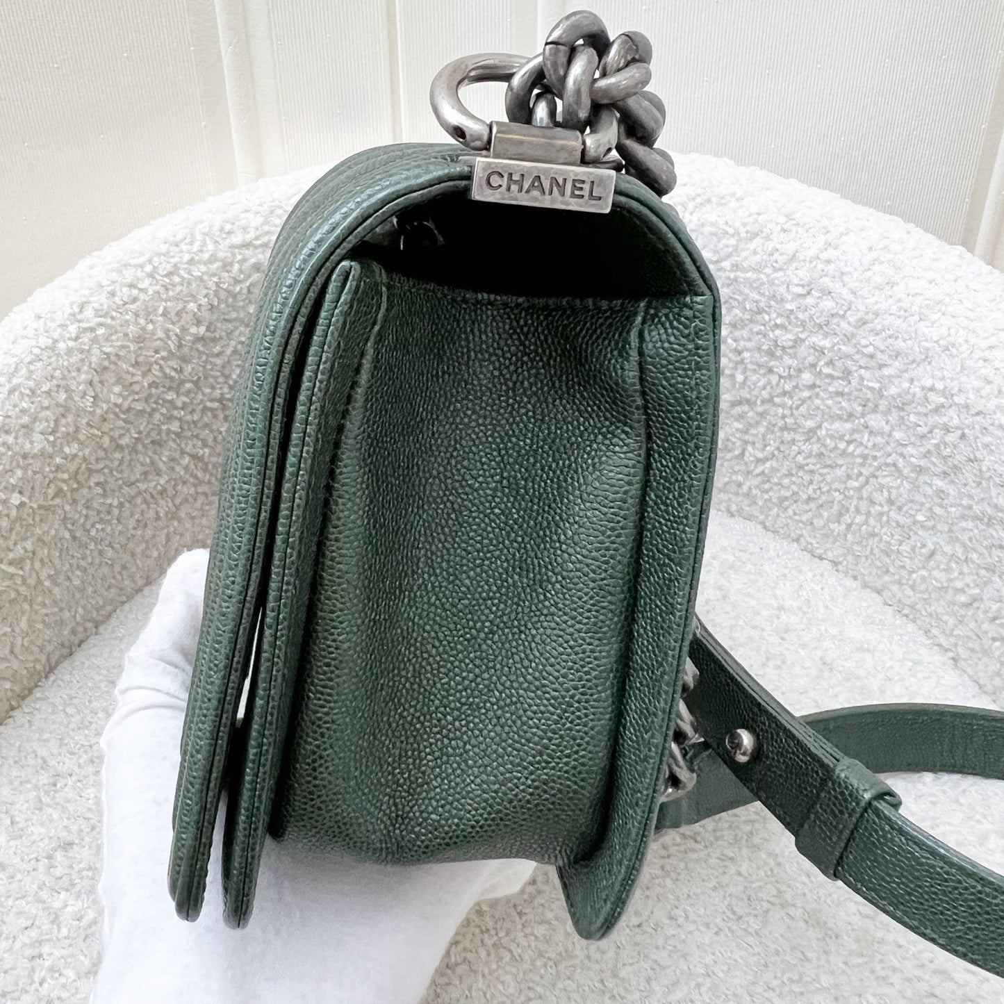 Chanel Medium 25cm Boy Flap in Chevron Quilted Forest Green Caviar and RHW (Model: A67086)