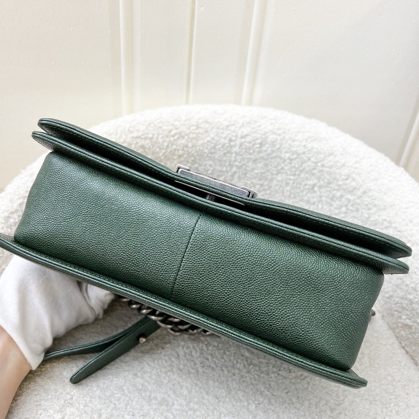 Chanel Medium 25cm Boy Flap in Chevron Quilted Forest Green Caviar and RHW (Model: A67086)