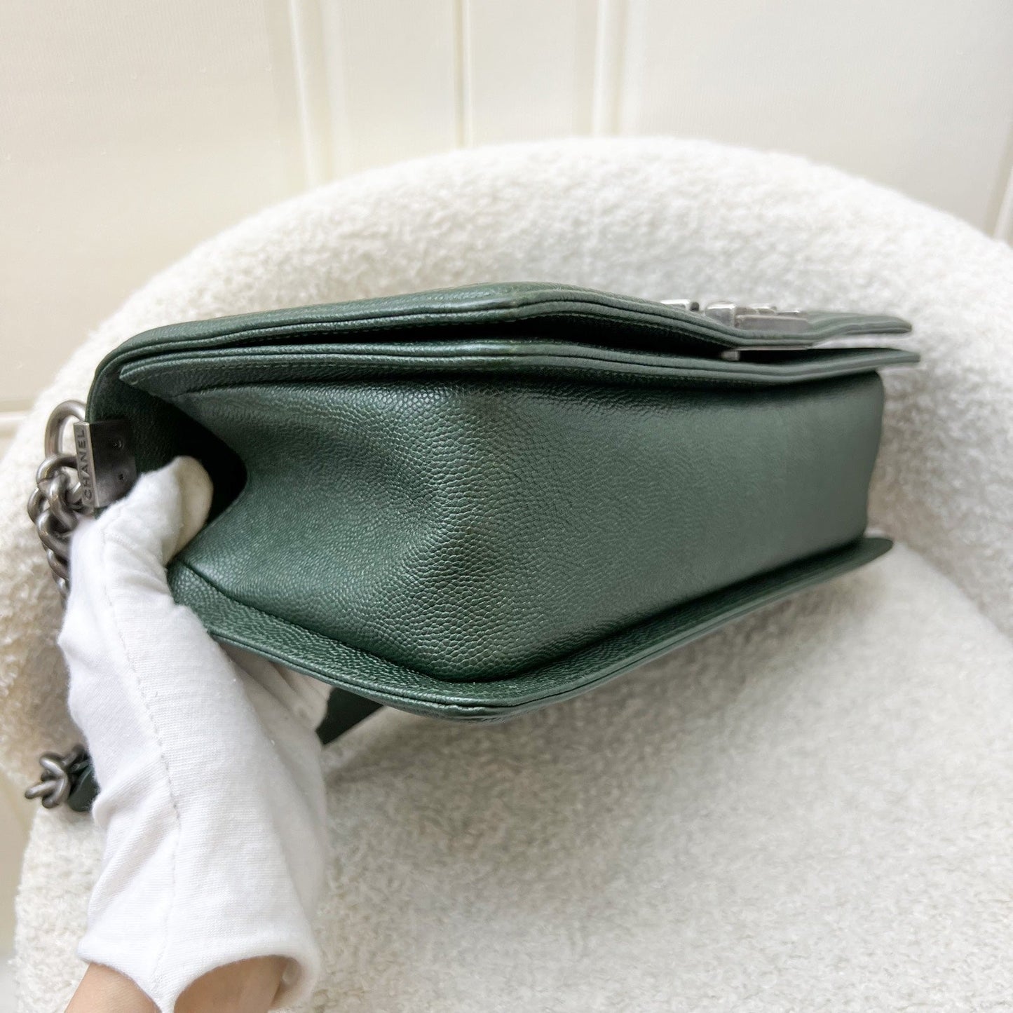 Chanel Medium 25cm Boy Flap in Chevron Quilted Forest Green Caviar and RHW (Model: A67086)