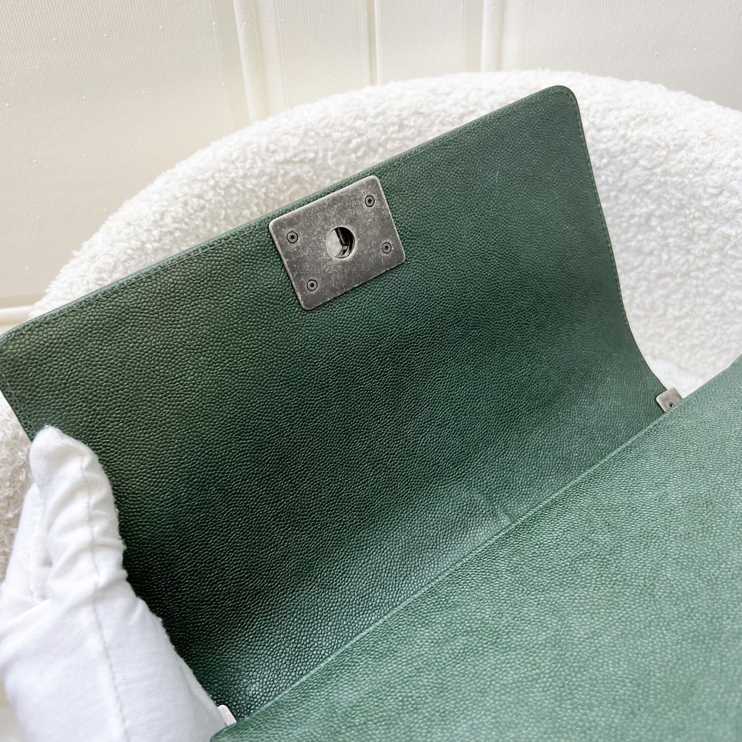 Chanel Medium 25cm Boy Flap in Chevron Quilted Forest Green Caviar and RHW (Model: A67086)