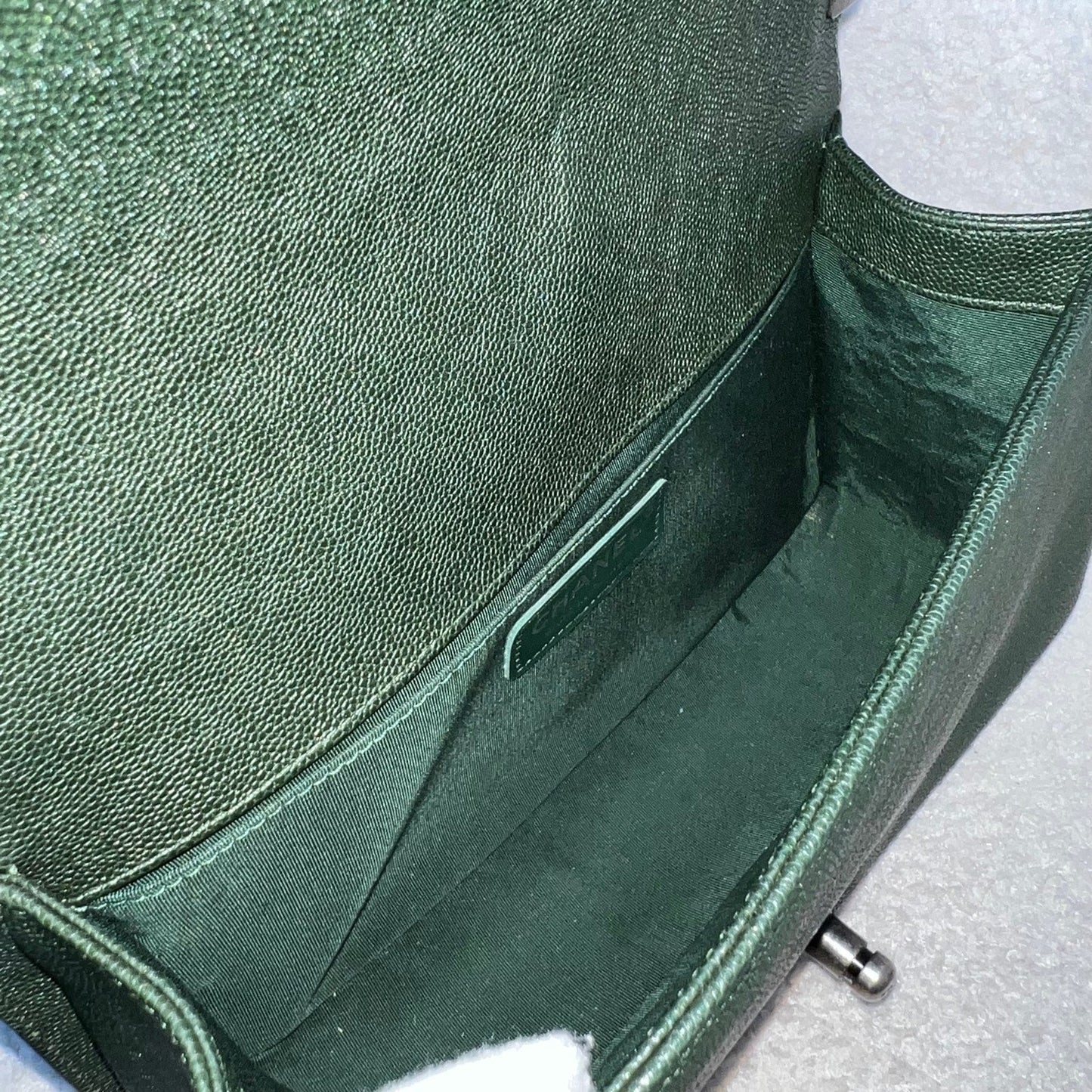 Chanel Medium 25cm Boy Flap in Chevron Quilted Forest Green Caviar and RHW (Model: A67086)