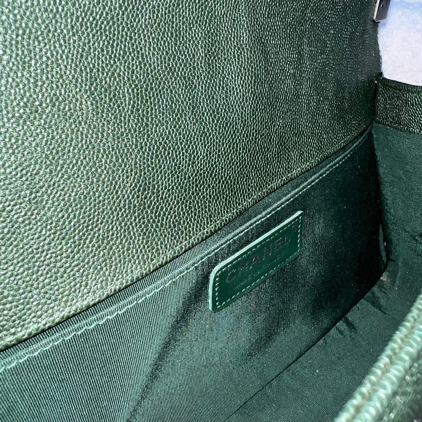 Chanel Medium 25cm Boy Flap in Chevron Quilted Forest Green Caviar and RHW (Model: A67086)