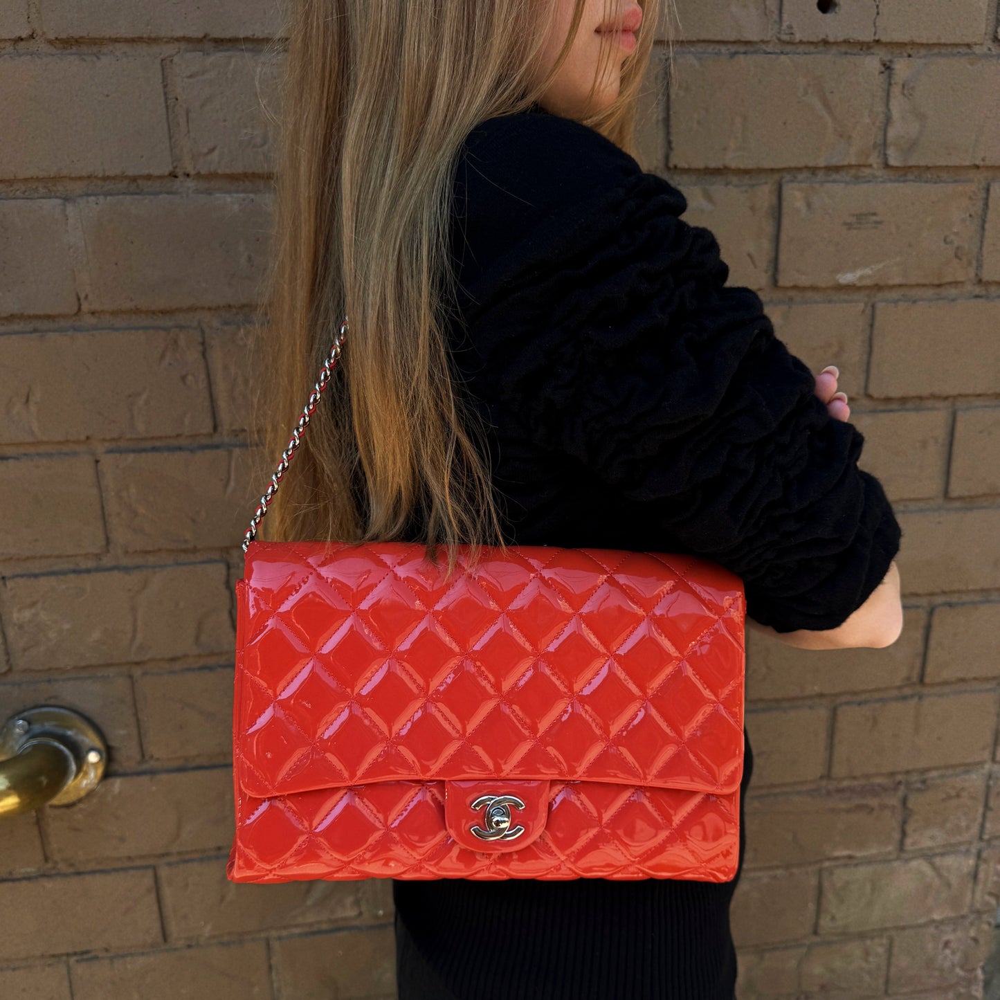 Chanel Patent Orange Clutch On Chain