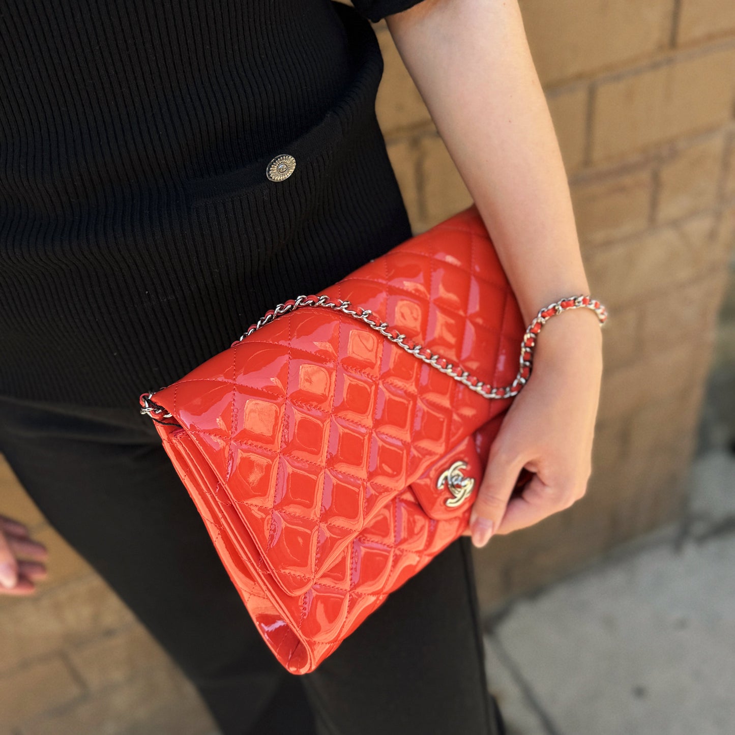Chanel Patent Orange Clutch On Chain