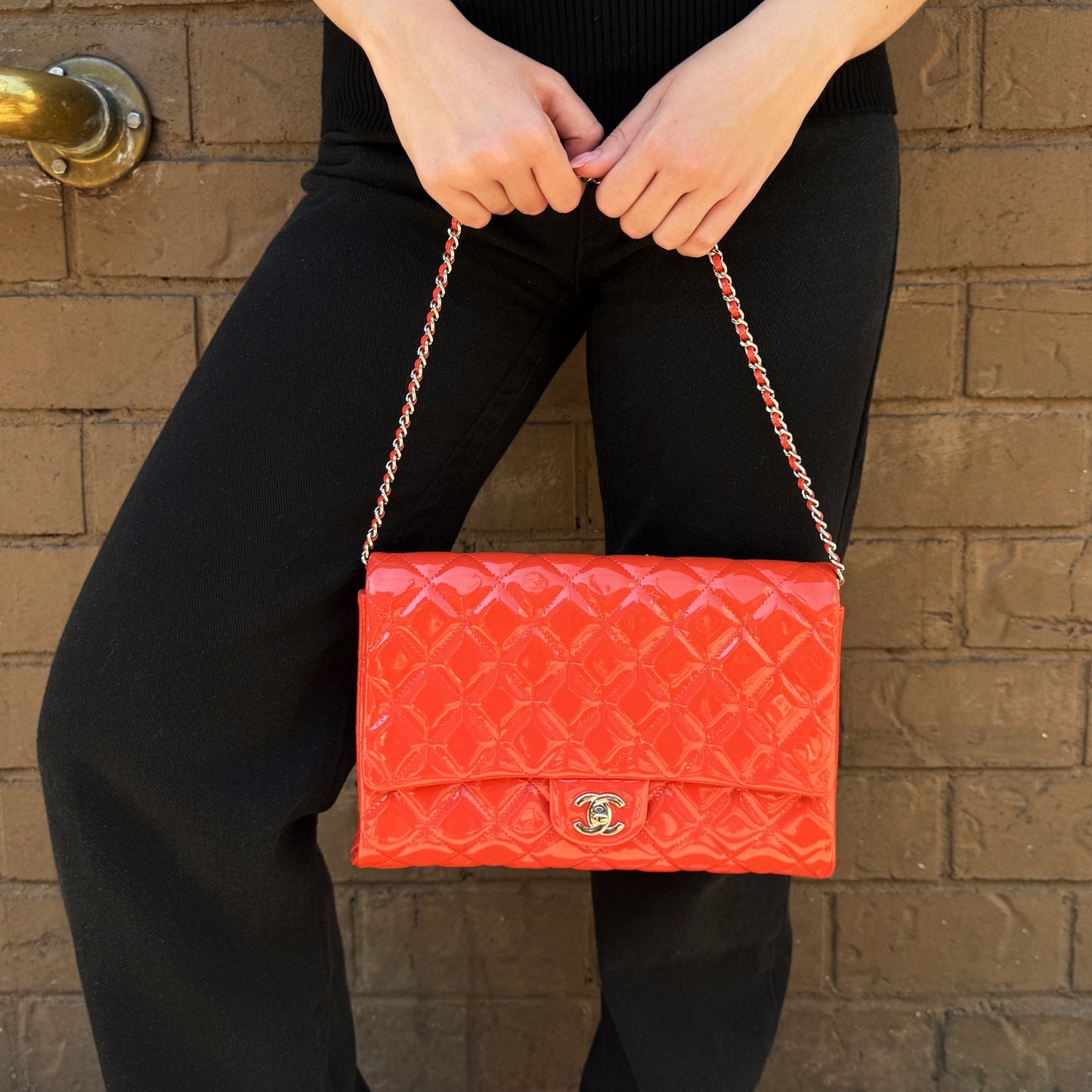 Chanel Patent Orange Clutch On Chain