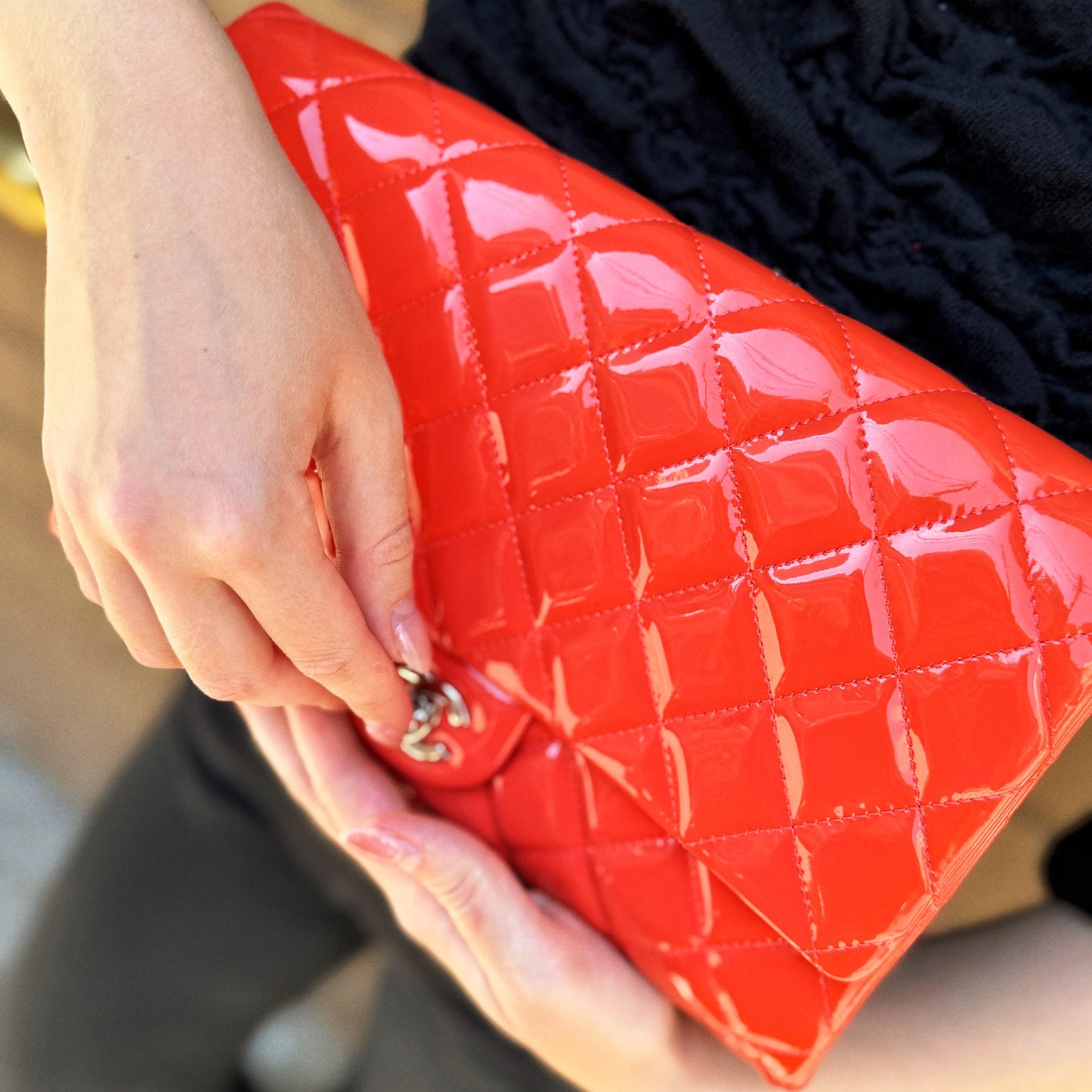 Chanel Patent Orange Clutch On Chain
