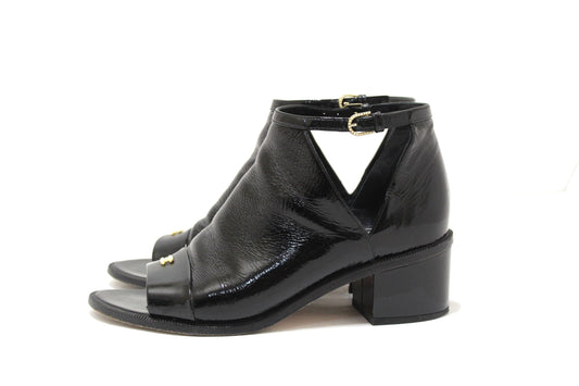 Chanel Black Patent Leather Peep Toe Short Ankle Boots 38.5 | Havik Shop.com - Shop Now at Havik Shop.com