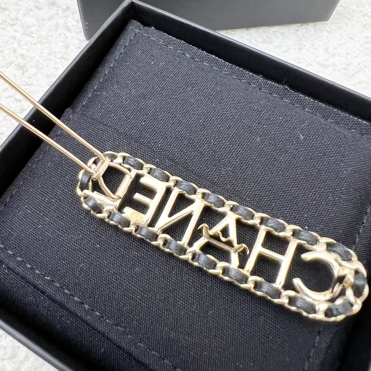Chanel Chain Around Hairpin / Hairclip with Black Leather in LGHW