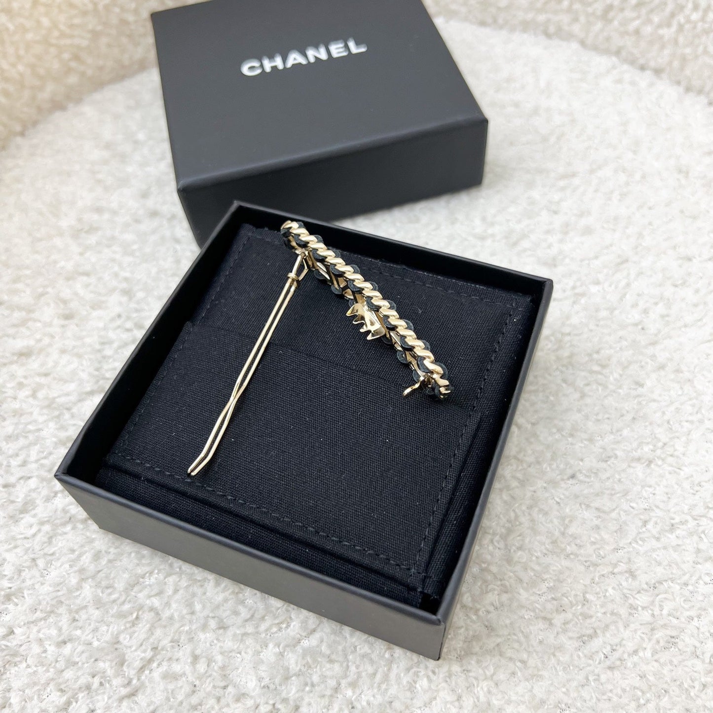 Chanel Chain Around Hairpin / Hairclip with Black Leather in LGHW