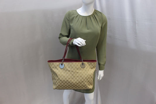 GUCCI Eclipse Beige Red GG Canvas Leather Tote Bag