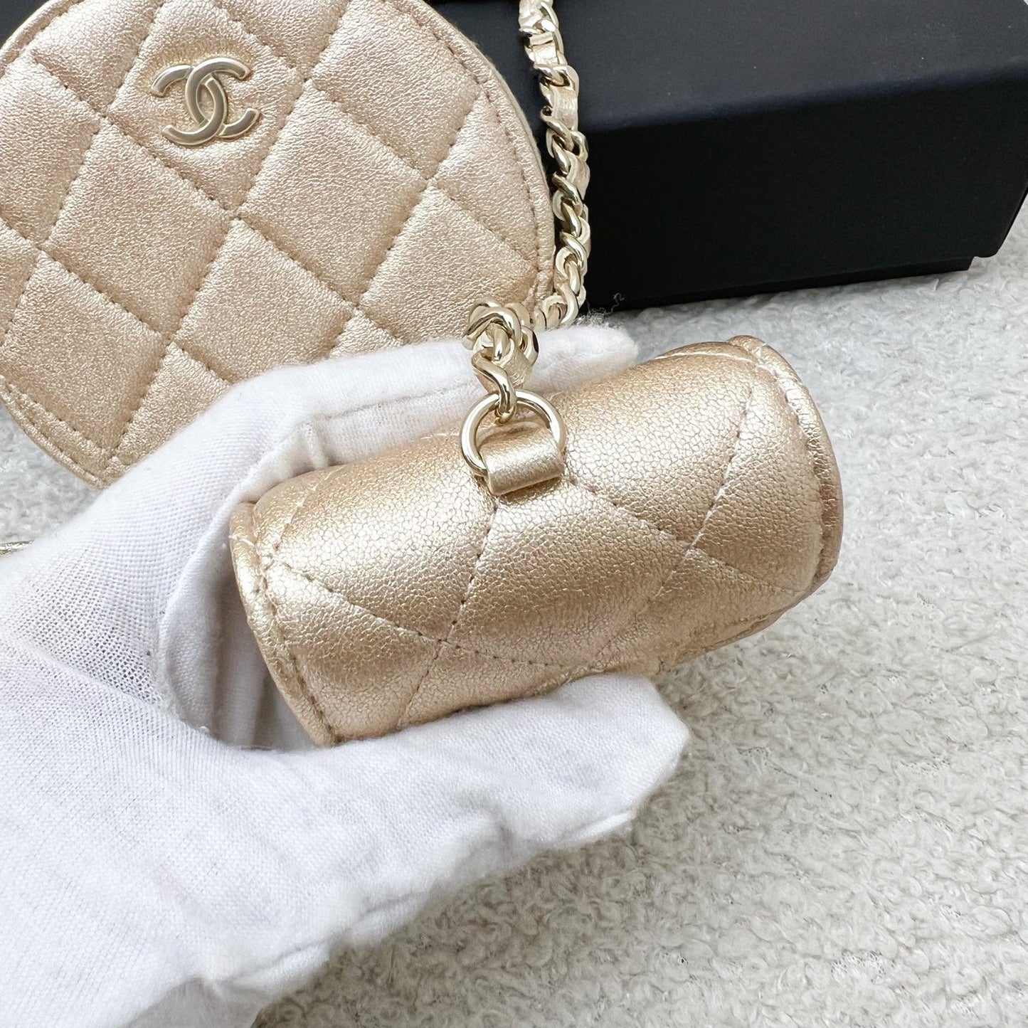 Chanel 2024 VIP Gift Round Pouch and Airpods Holder Bag Charm in Metallic Gold Lambskin and LGHW