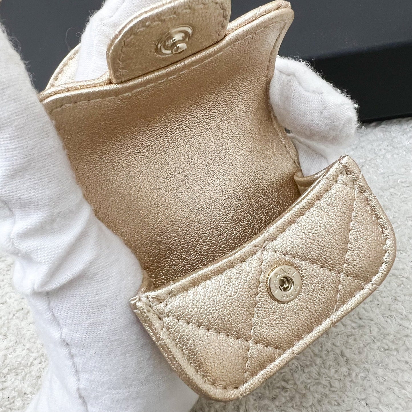 Chanel 2024 VIP Gift Round Pouch and Airpods Holder Bag Charm in Metallic Gold Lambskin and LGHW