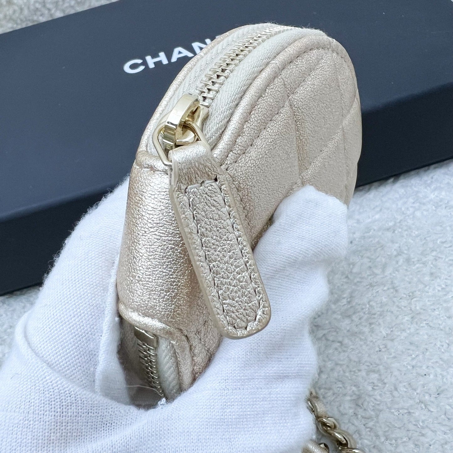 Chanel 2024 VIP Gift Round Pouch and Airpods Holder Bag Charm in Metallic Gold Lambskin and LGHW