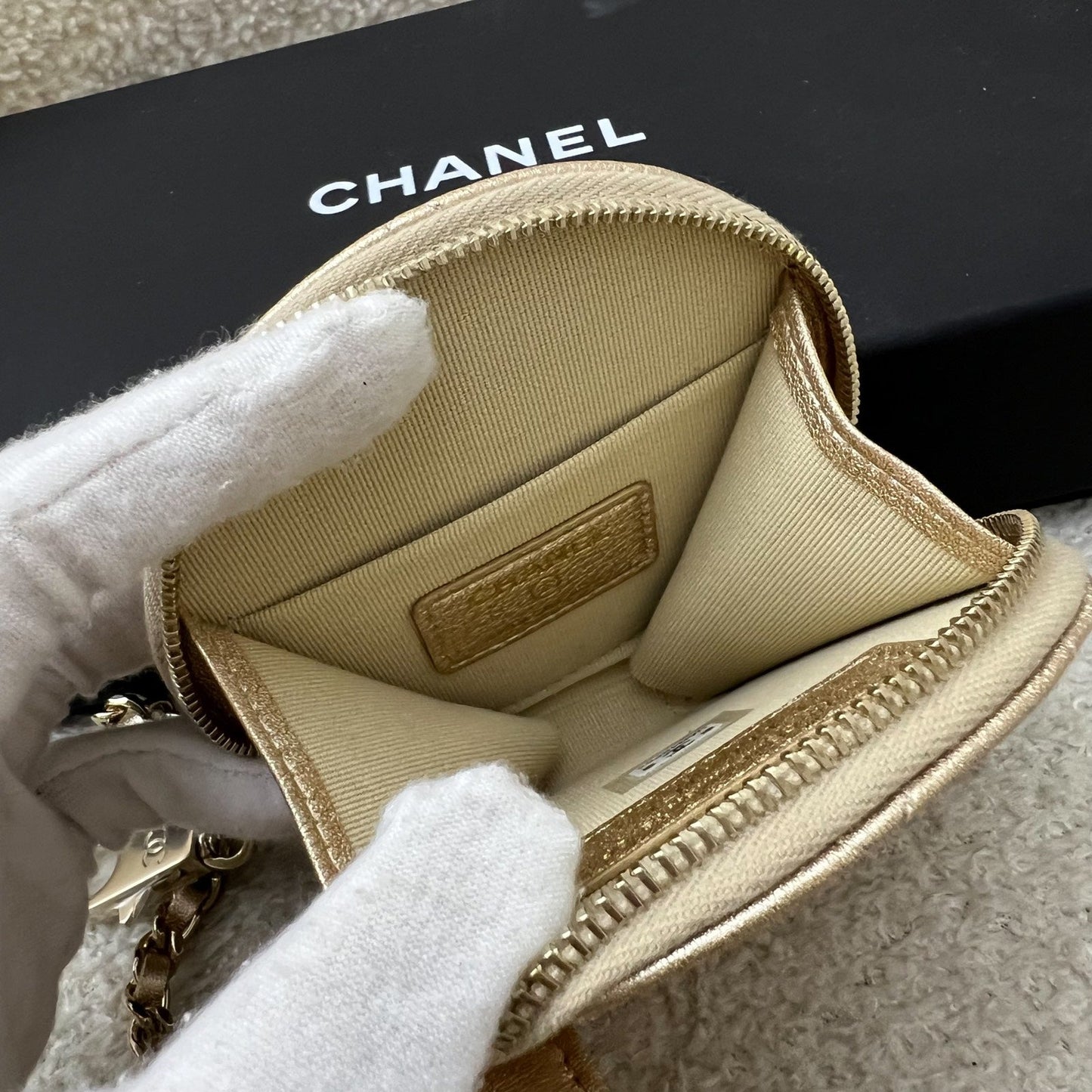 Chanel 2024 VIP Gift Round Pouch and Airpods Holder Bag Charm in Metallic Gold Lambskin and LGHW