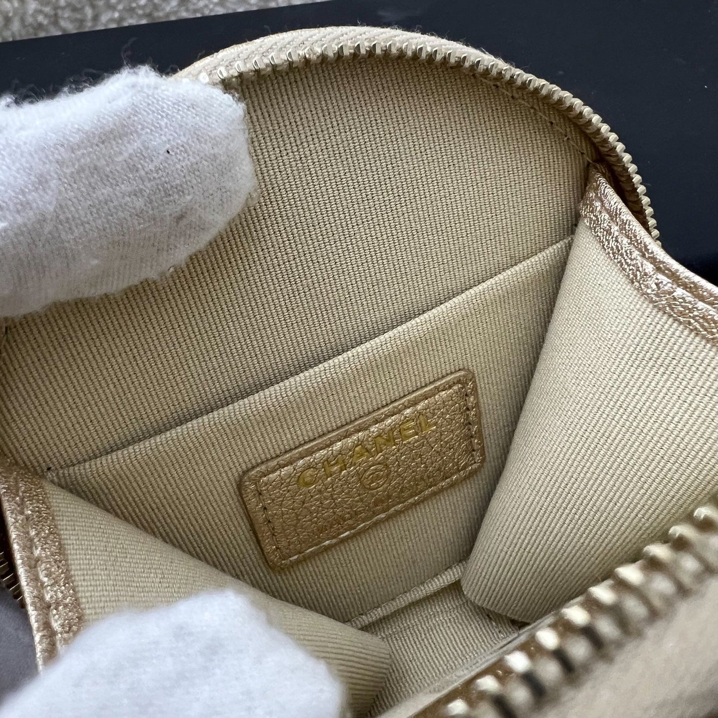 Chanel 2024 VIP Gift Round Pouch and Airpods Holder Bag Charm in Metallic Gold Lambskin and LGHW