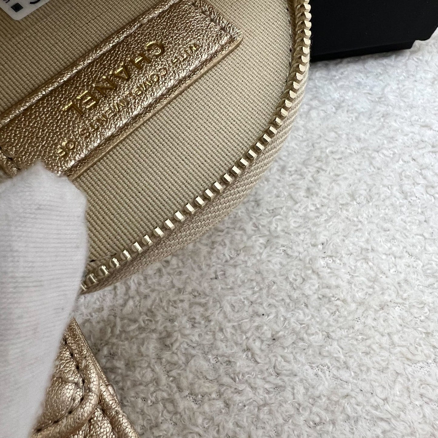 Chanel 2024 VIP Gift Round Pouch and Airpods Holder Bag Charm in Metallic Gold Lambskin and LGHW