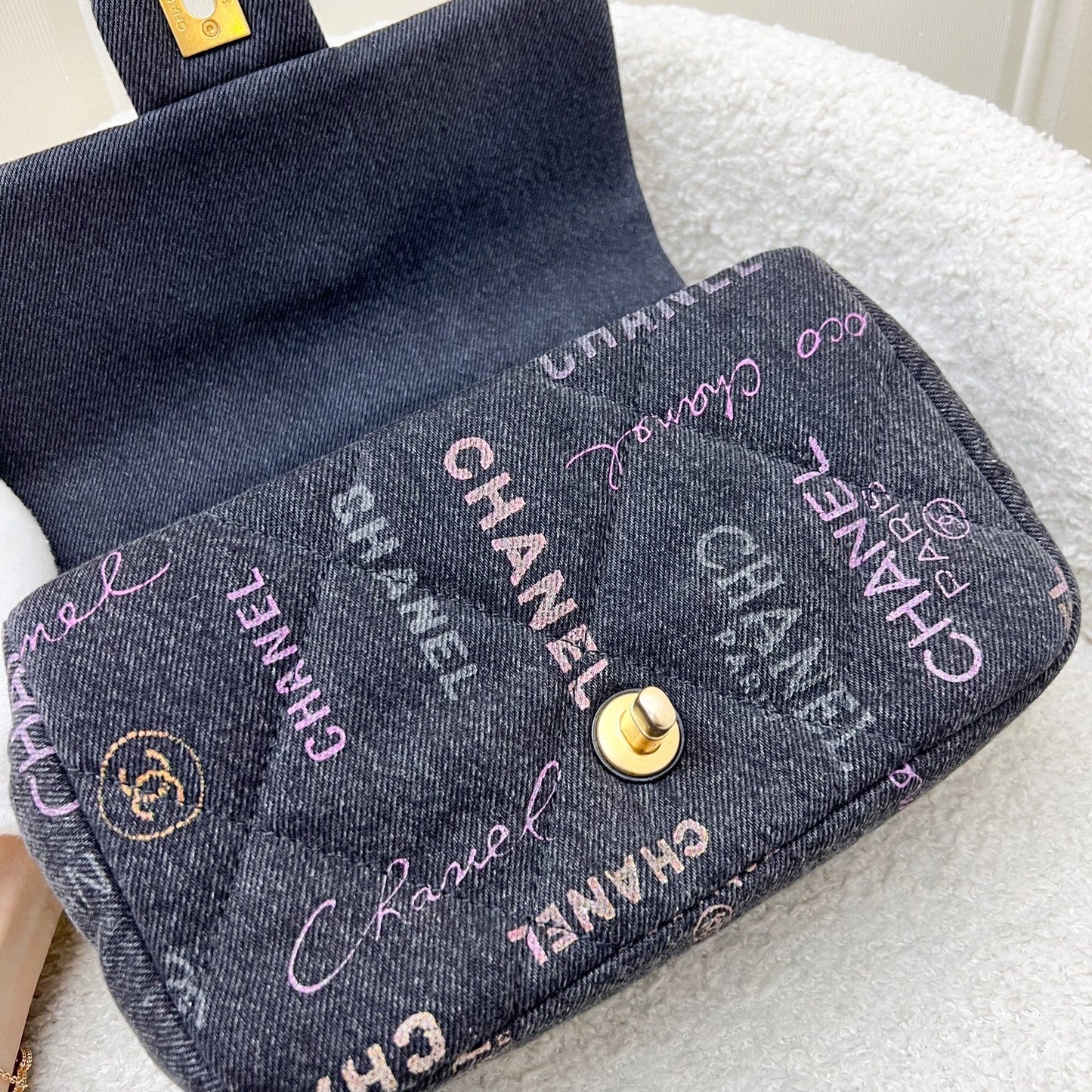 Chanel 22P Denim Mood Small Flap Bag in Black Printed Denim and AGHW