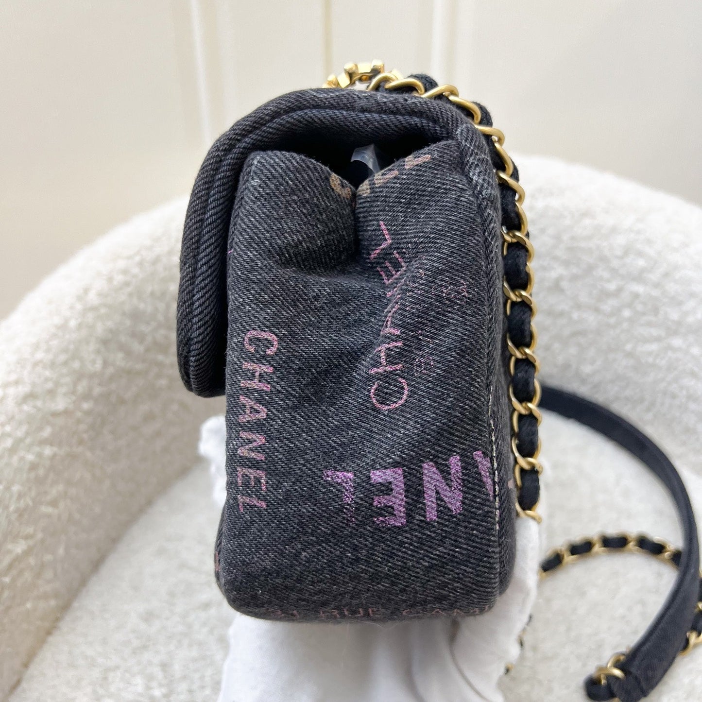 Chanel 22P Denim Mood Small Flap Bag in Black Printed Denim and AGHW