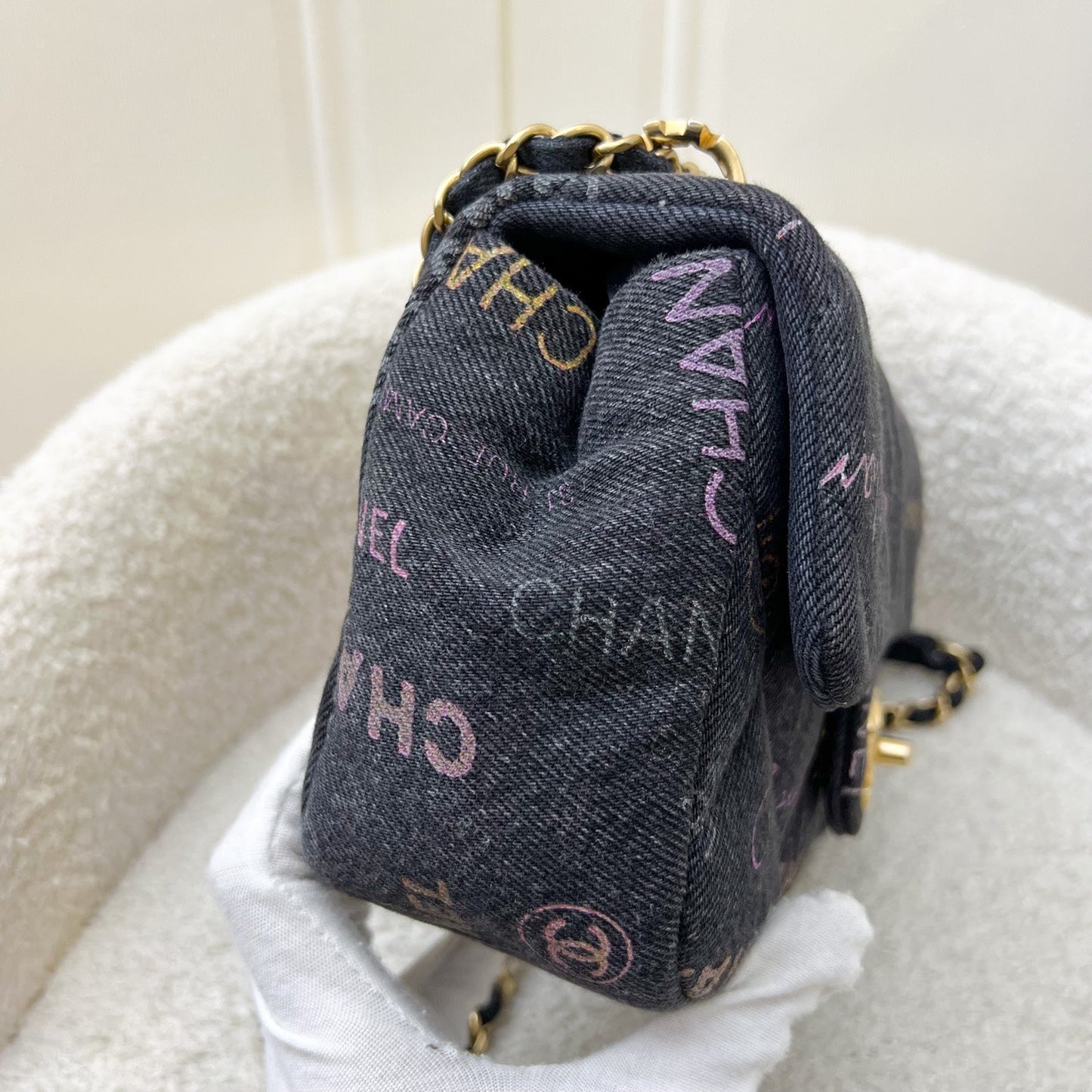 Chanel 22P Denim Mood Small Flap Bag in Black Printed Denim and AGHW