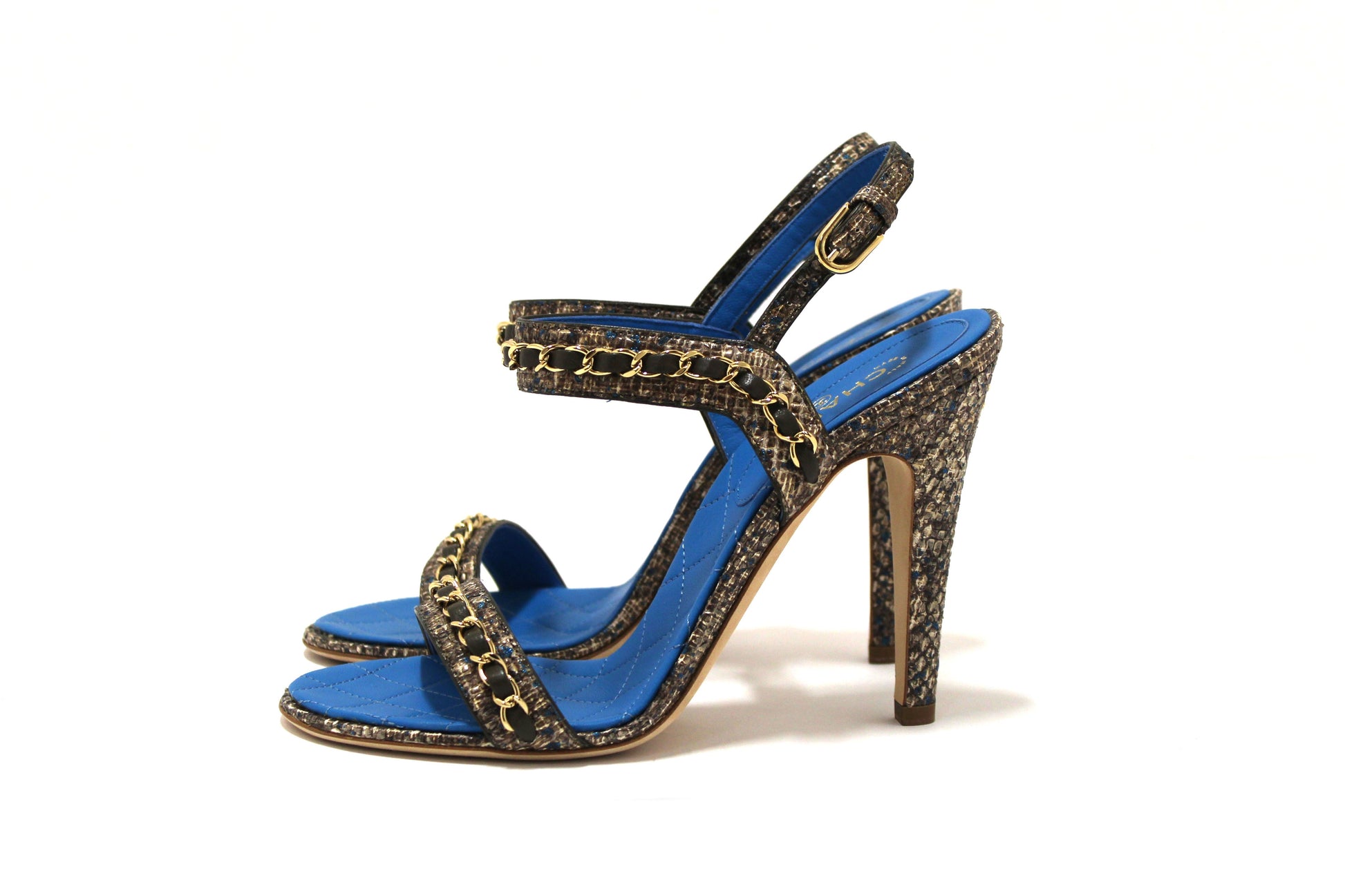 CHANEL NEW Chanel Blue Leather and Tweed Chain Strap Sandal Heel Shoes | Havik Shop.com - Shop Now at Havik Shop.com
